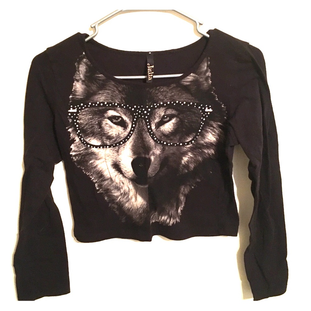Wolf with rhinestone glasses crop top